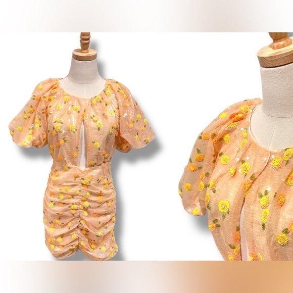 NWT For Love & Lemons Ryder Sequin Floral Mini Dress in Tangerine Size: Small - Picture 4 of 14
